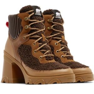 BRAND NEW SOREL
Brex™m Leather & Faux
Shearling Block Heel Lace-Up Bootie